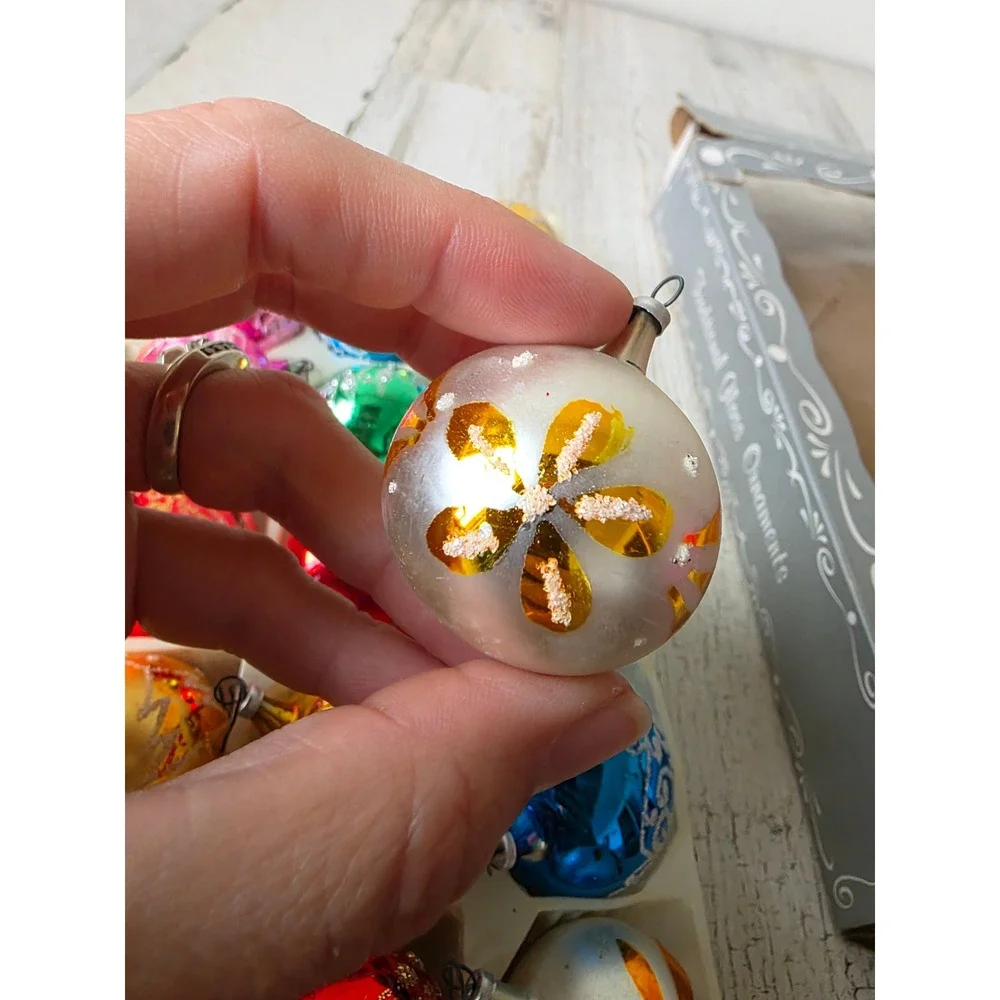 Vintage Columbia mini Mica glitter ball ornament set pink blue green red gold